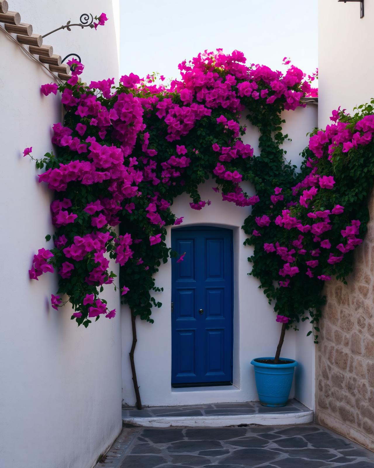 Witte muren en bougainvillea in Dalt Vila